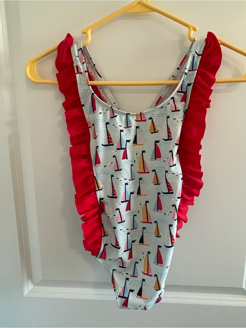 The Oaks Apparel Girls' Ruffle One-Piece Swimsuit with Sailboat Print size